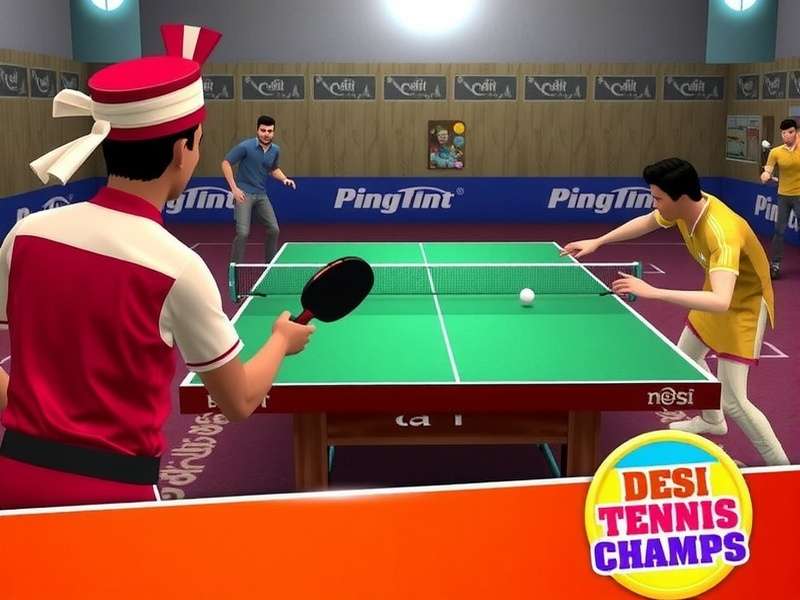 Desi Table Tennis Champs Gameplay Desi Table Tennis Champs gameplay screenshot showing Indian players in traditional attire playing table tennis with Desi Table Tennis Champs watermark